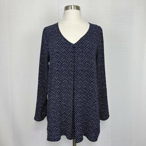 Bobeau Womens Small Top Tunic Blue White Print Roll Tab Sleeves #X